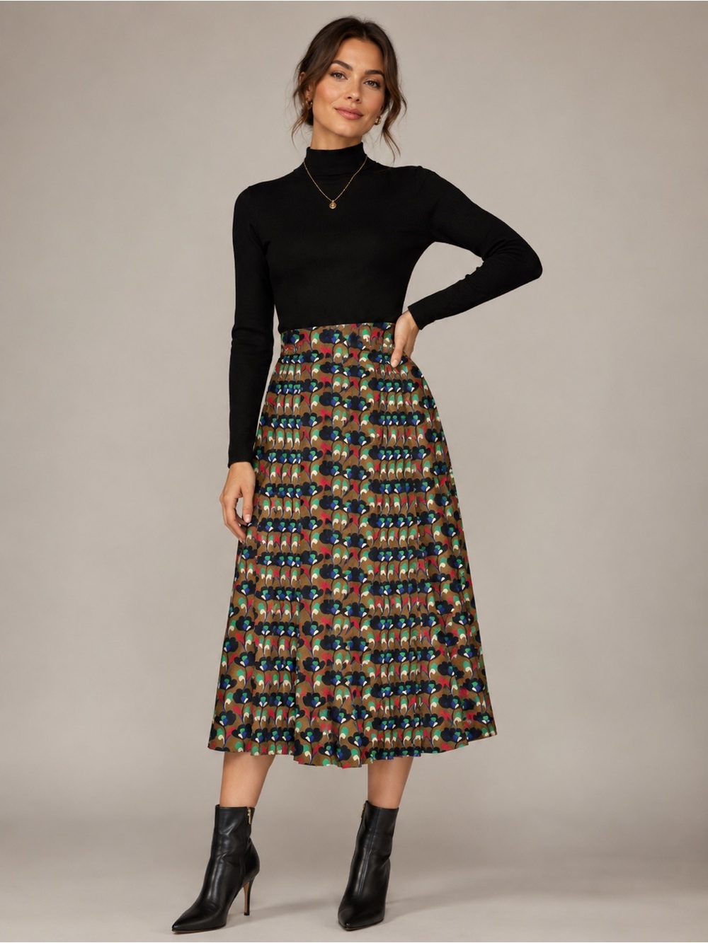 ZARA Brown Pleated Midi Skirt Multi-color Floral Retro Long Size XS
